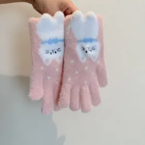 Cute pink winter knitted gloves for women with cat design warm fleece lined touch screen cozy.