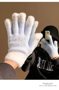 Blue snowflake rhinestone plush knit gloves for women winter warm windproof finger design.