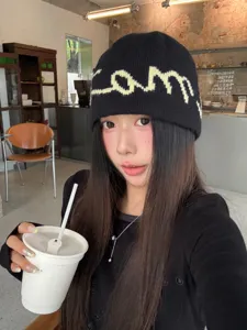 Korean style minimalist letter knitted beanie hat autumn winter slouchy warm casual cap.