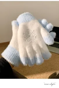 Plush knitted winter gloves for women with crystal snowflake design warm windproof cozy