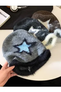 Contrast color star plush knit slouchy beanie hat for women warm winter headwear detail