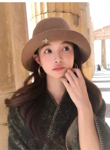 Elegant brown pure wool bucket hat for women, classic old money style wide brim dome fedora.