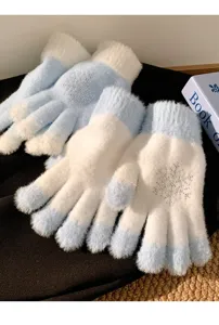 Blue snowflake rhinestone fluffy knit gloves for women, winter warm thick five-finger thermal mittens.