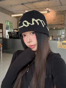 Korean minimalist letter knit beanie, autumn winter warm soft casual slouchy skull cap for women.