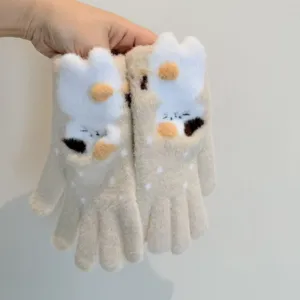 Cute cat plush knitted touch screen gloves for women winter warm thermal thick mittens detail view