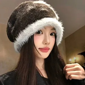 Women Winter Warm Knitted Beanie Hat Contrast Color Star Plush Wide Brim Fleece Lined Slouchy Skull Cap Fashion Headwear