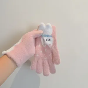 Pink cute cat jacquard knit gloves winter warm soft touchscreen women gloves detail view