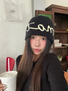 Korean style letter knitted beanie, autumn winter soft cozy casual slouchy hat for daily wear.