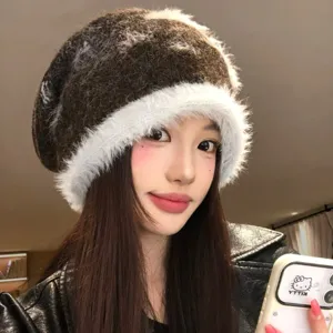 Fluffy knit slouchy beanie hat for women, soft warm winter cap with contrast color star pattern.