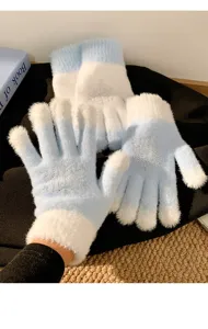 Winter plush knitted gloves for women, cute blue white snowflake rhinestone design warm.