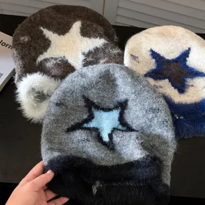 Fluffy knit star beanie slouchy winter warm cozy oversized hat for women casual cold cap
