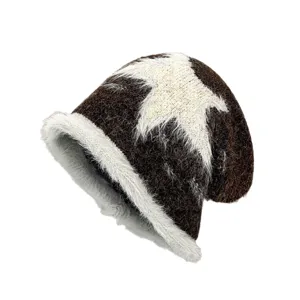 Contrast Color Star Plush Knitted Slouchy Beanie Winter Warm Fuzzy Cap for Women