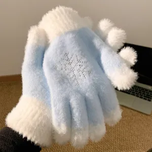 Women Winter Warm Plush Knitted Gloves Cute Snowflake Rhinestone Five-Finger Cold-Proof Cycling Gloves