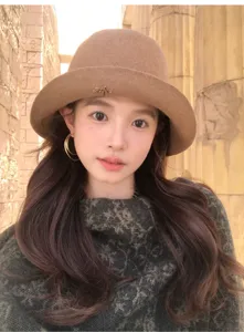 Pure wool wide brim cloche hat for women, autumn winter vintage dome basin hat detail.
