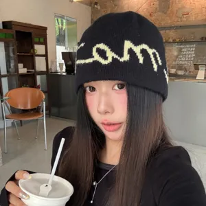 Korean style minimalist letter knit beanie autumn winter casual soft slouchy hat for men women
