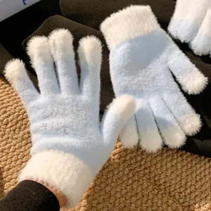Blue snowflake rhinestone plush knitted gloves for women, winter cute warm five-finger.