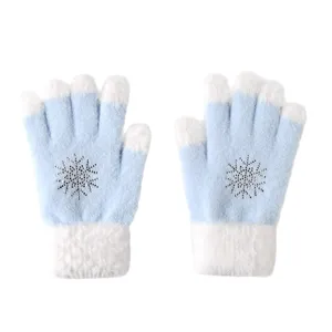 Women winter plush knit gloves with rhinestone snowflake, blue five-finger warm gloves main image