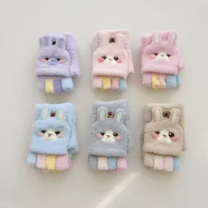 Gants demi-doigts tricotés chauds d'hiver pour enfants lapin dessin animé mignon vue détaillée.