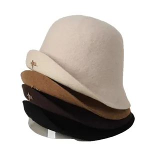 Elegant 100% wool bucket hat for women, vintage wide brim roll-up winter solid fashion basin hat.