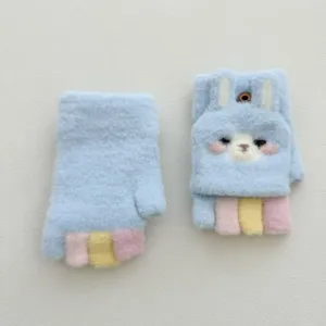 Gants mignons pour enfants lapin dessin animé tricotés demi-doigts chauds épais hiver filles