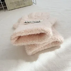 Kids winter warm fuzzy knit gloves candy color five-finger mittens with cute white patch label
