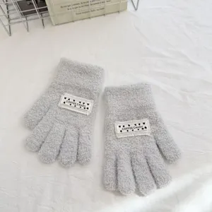 Children warm knitted gloves autumn winter fuzzy five finger gloves solid color cute label patch