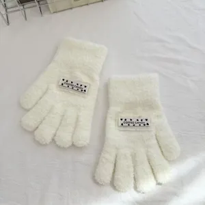 Kids white knit gloves detail cozy fuzzy winter warm stretchy fingered gloves label decor