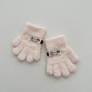 Gants à cinq doigts en polaire corail pour enfants automne hiver joli chat étiquette tricoté