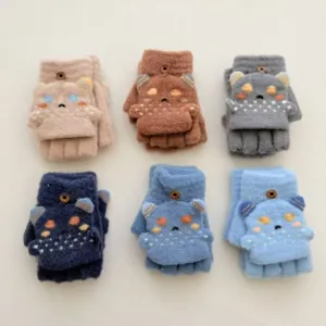 Gants mignons en tricot dessin animé demi-doigt rabattable hiver chaud pour enfants école