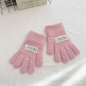 Children cute solid color knit gloves autumn winter warm candy color split finger gloves detail