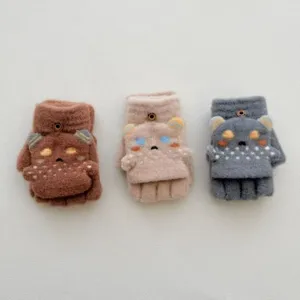Gants à Demi-Doigts Tricotés pour Enfants Avec Rabat Ours en Peluche Hiver Chaud Moufles Thermiques pour Garçons Filles Étudiants