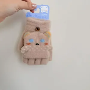 Gants tricotés mignons de dessin animé demi-doigts automne hiver chauds enfants écriture