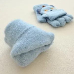 Enfants hiver mignon dessin animé demi-doigt rabat gants tricotés et bonnet chaud bleu
