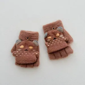 Gants tricotés marron pour enfants demi-doigts avec joli design d'animal de dessin animé.