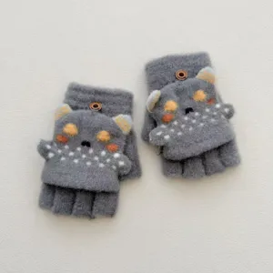 Gants tricotés mi-doigts mignons de dessin animé pour enfants hiver gris chaud doux