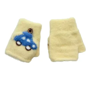 Gants d'hiver chauds jaunes pour enfants motif de voiture mignon mitaines en peluche