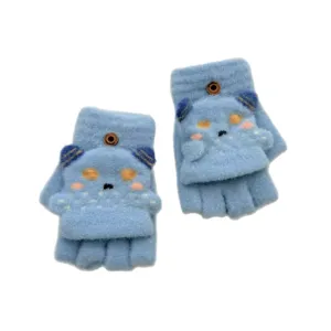 Enfants mignon dessin animé tricoté mitaines rabattables hiver chaud gants en laine bleu