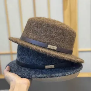 Damen Britischer Stil Flache Krone Fedora Hut Breite Krempe Alpaka Wolle Warm Elegant Jazz Hut Für Herbst Winter Einfarbig