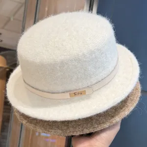 Britischer Stil flacher Oberteil Woll Filzhut Damen, breite Krempe, Herbst Winter.