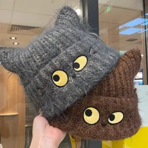Niedliche Katzenohren Strickmütze, flauschige Plüsch Beanie für Damen, warme Mütze, süsser Stil.