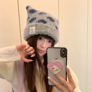 Süße Kontrast Polka Dot Plüsch Katzenohr Strickmütze Beanie Für Damen Herren Winter Warm Jacquard Häkelmütze Kopfbedeckung