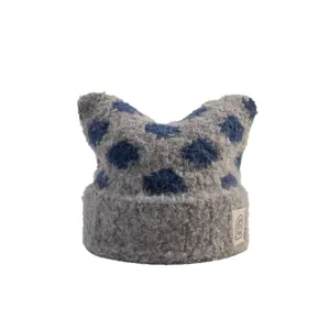 Niedliche Plüsch Katzenohr Strickmütze mit Punkten, weiche warme Winter Beanie Mütze.