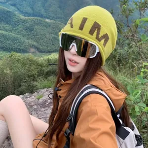 Koreanischer Stil Buchstaben Jacquard Strickmütze Für Damen Herbst Winter Warm Beanie Rollkante Outdoor Bergsteigen Reise Hut