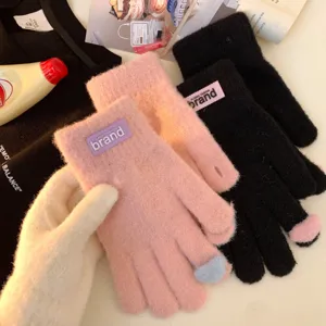 Gants tactiles tricotés en peluche chaude pour femmes, équipement d'hiver épais et confortable.