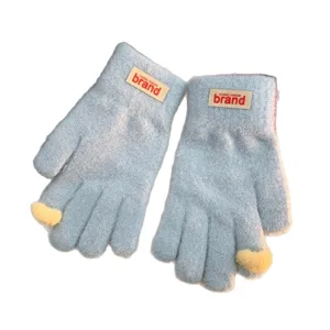 Gants en tricot chaud d'hiver pour femmes bleu clair avec le bout des doigts tactile et étiquette.