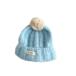 Bonnet d'hiver en tricot pour enfants avec pompon doux bonnet chaud bleu garçons filles