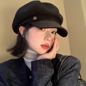 Béret Vintage Style Britannique pour Femmes Automne Hiver Chapeau Octogonal Polyvalent Casquette Gavroche en Laine Couleur Unie Élégant