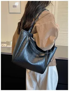 Dames zwarte olie wax leer tote tas casual veelzijdige schouder onderarm tas grote capaciteit