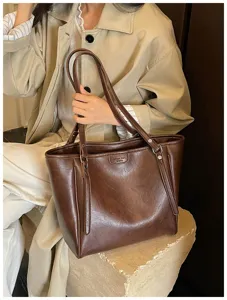 Olie wax leer Koreaanse stijl shopper, vintage bruine casual handtas, grote schoudertas.