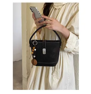 Sac seau style coréen pour femme sac bandoulière vintage avec pendentif perles bois.